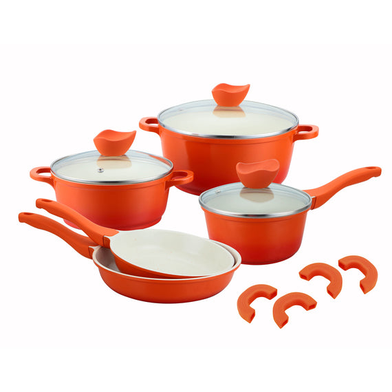 8 PC Ceramic Nonstick Die Cast Aluminum Cookware Set - Orange