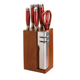 7 piece Stainless Steel Cutlery Set with detachable knife sharpener - Red
